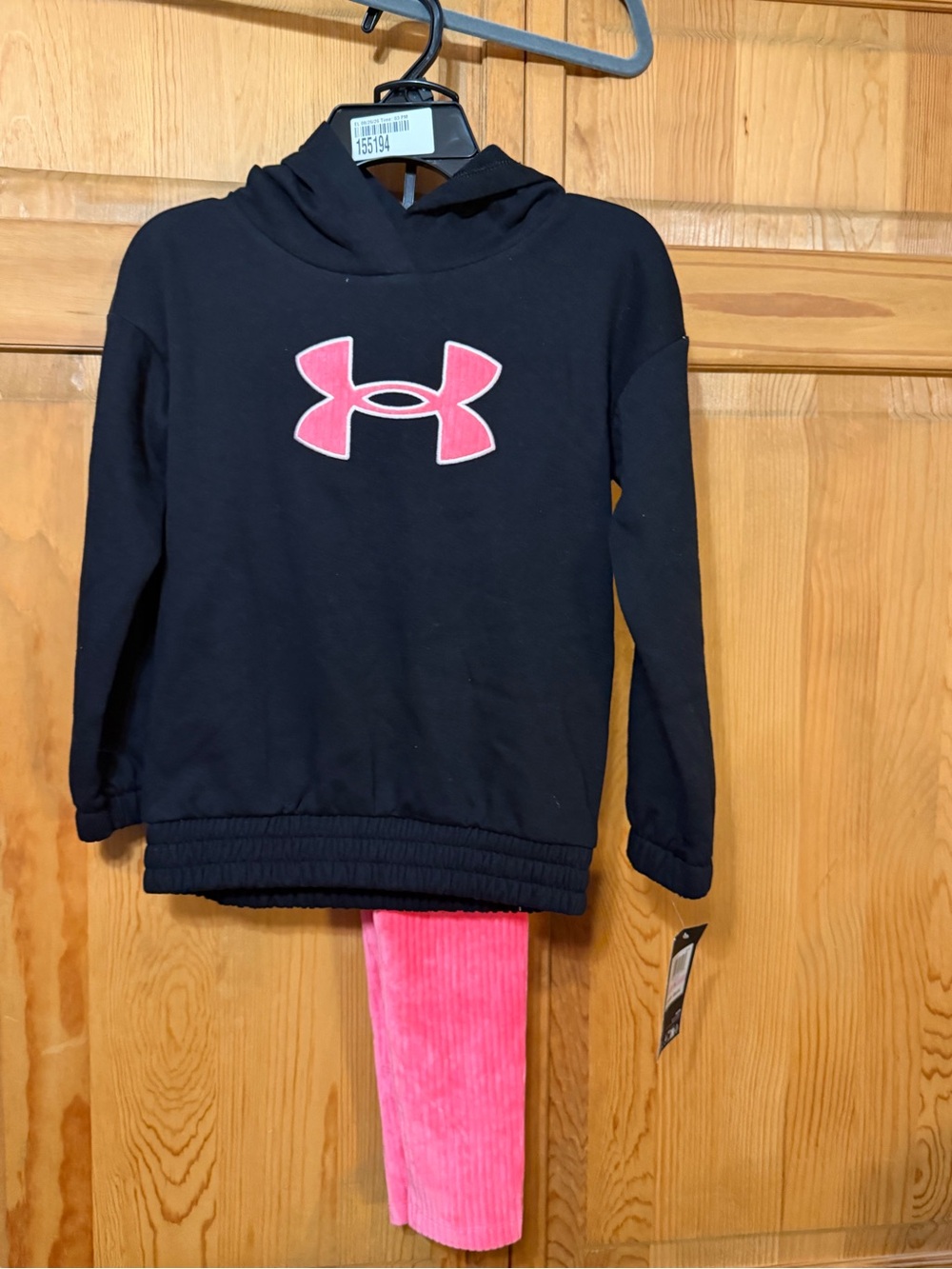 Under Armour 2 pc. Set Girls Black Hoodie with Pink Logo + bright pink leggings.